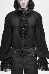 Black High Collar Chiffon Chest Frilly Beading Long Sleeve Lace Cuff Men's Gothic Shirt